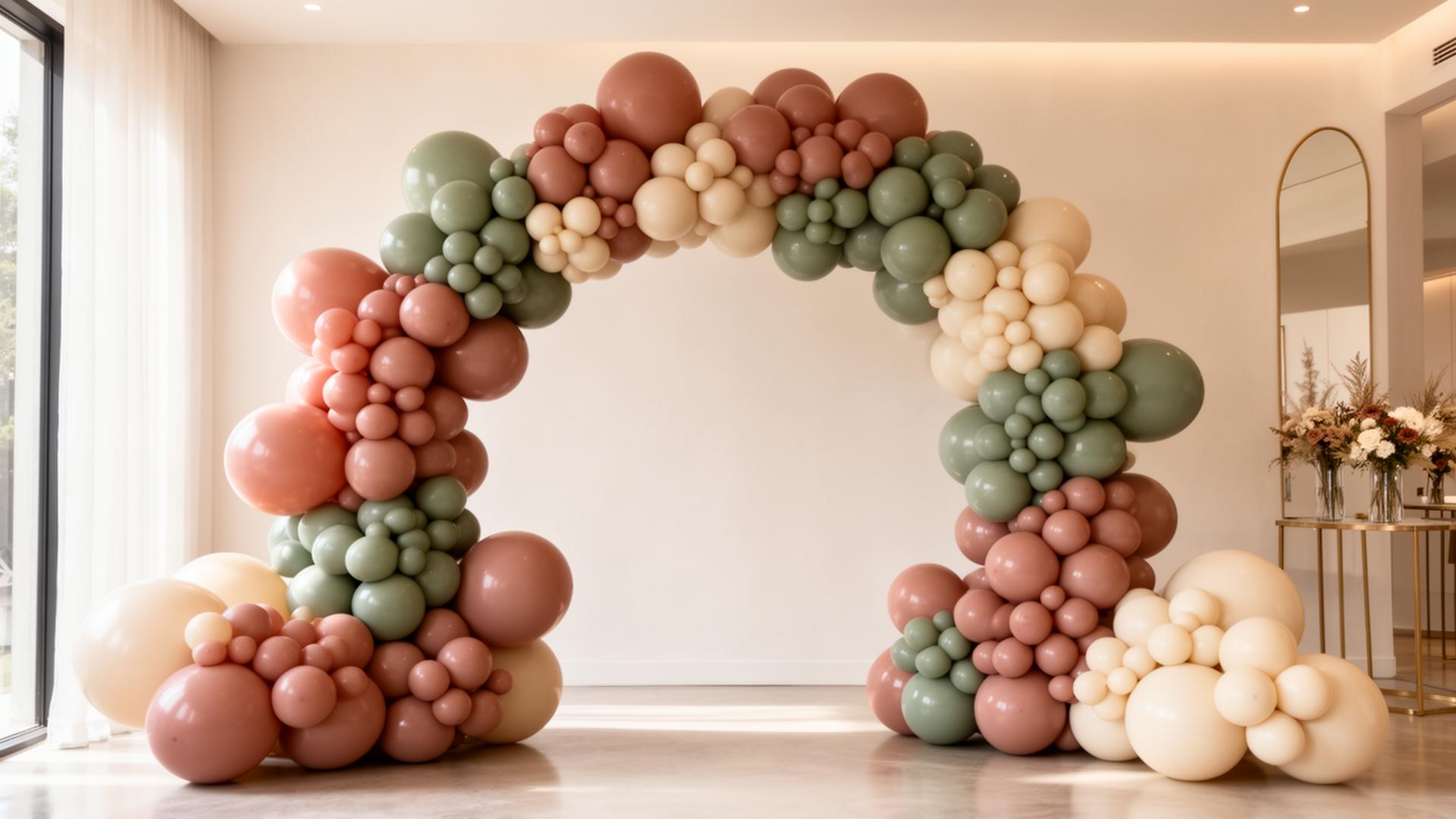 Organic balloon arch in dusty rose, sage and terracotta